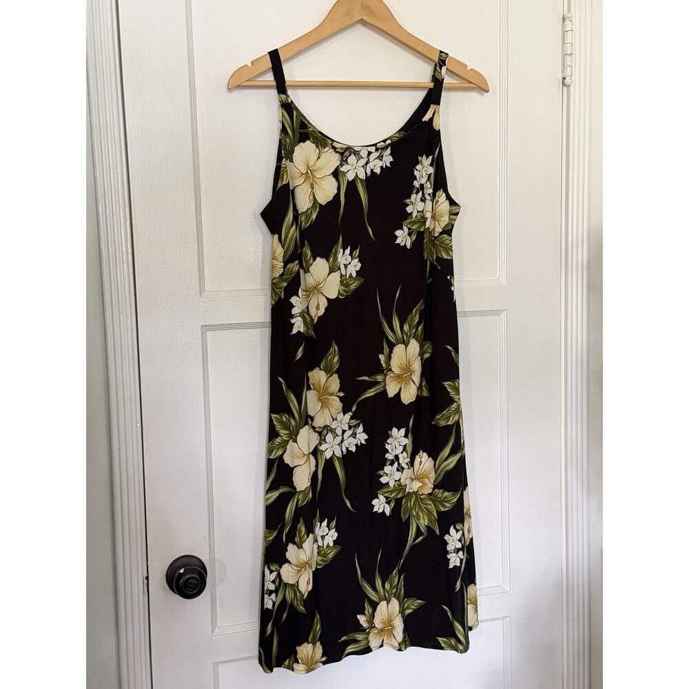 Iolani Hawaii‎ Vintage 80s 90s Cream Black Yellow Floral Hibiscus Print Dress M